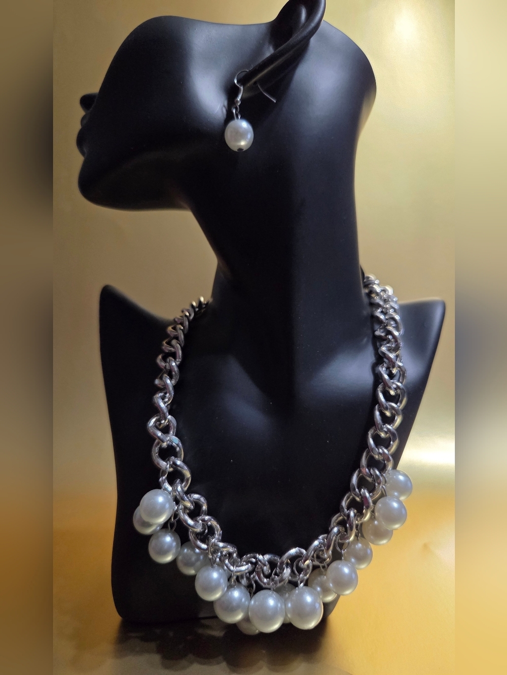 Silver Chain Necklace with White Pearl Drops - Women's Jewelry
